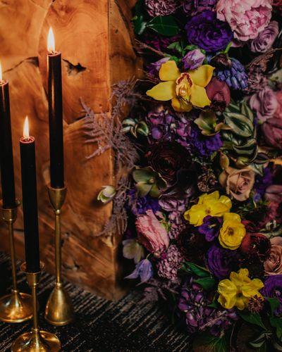 Elegant Luxury Wedding Classy Dark Moody Purple Eggplant Roses Hydrangea Orchids Ranunculus Peony Anemone Garland Bouquet Arrangement Table Garland Wedding Cake Model Floral Installation Hanging Flowers Candlelight Table Four Points Hotel Joel’s View Photography WedLuxe Magazine Bridal Photoshoot
Outdoors Kelowna Okanagan Wedding Ceremony Reception Bride Groom Bridesmaid Groomsman Florist Flowers Floral