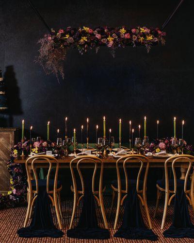 Elegant Luxury Wedding Classy Dark Moody Purple Eggplant Roses Hydrangea Orchids Ranunculus Peony Anemone Garland Bouquet Arrangement Table Garland Wedding Cake Model Floral Installation Hanging Flowers Candlelight Table Four Points Hotel Joel’s View Photography WedLuxe Magazine Bridal Photoshoot
Outdoors Kelowna Okanagan Wedding Ceremony Reception Bride Groom Bridesmaid Groomsman Florist Flowers Floral